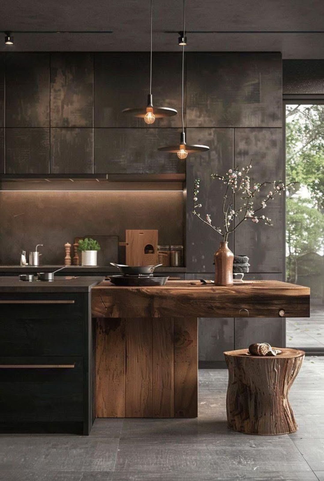 Modern kitchen with large windows, dark cabinetry, and a wooden island.