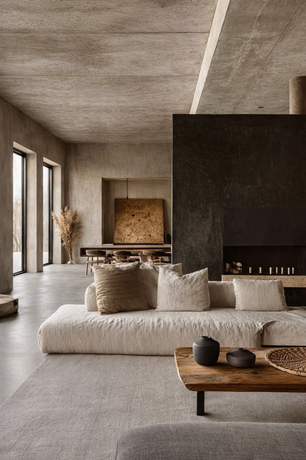 Modern living room with large windows, minimalist furniture, and a concrete ceiling.