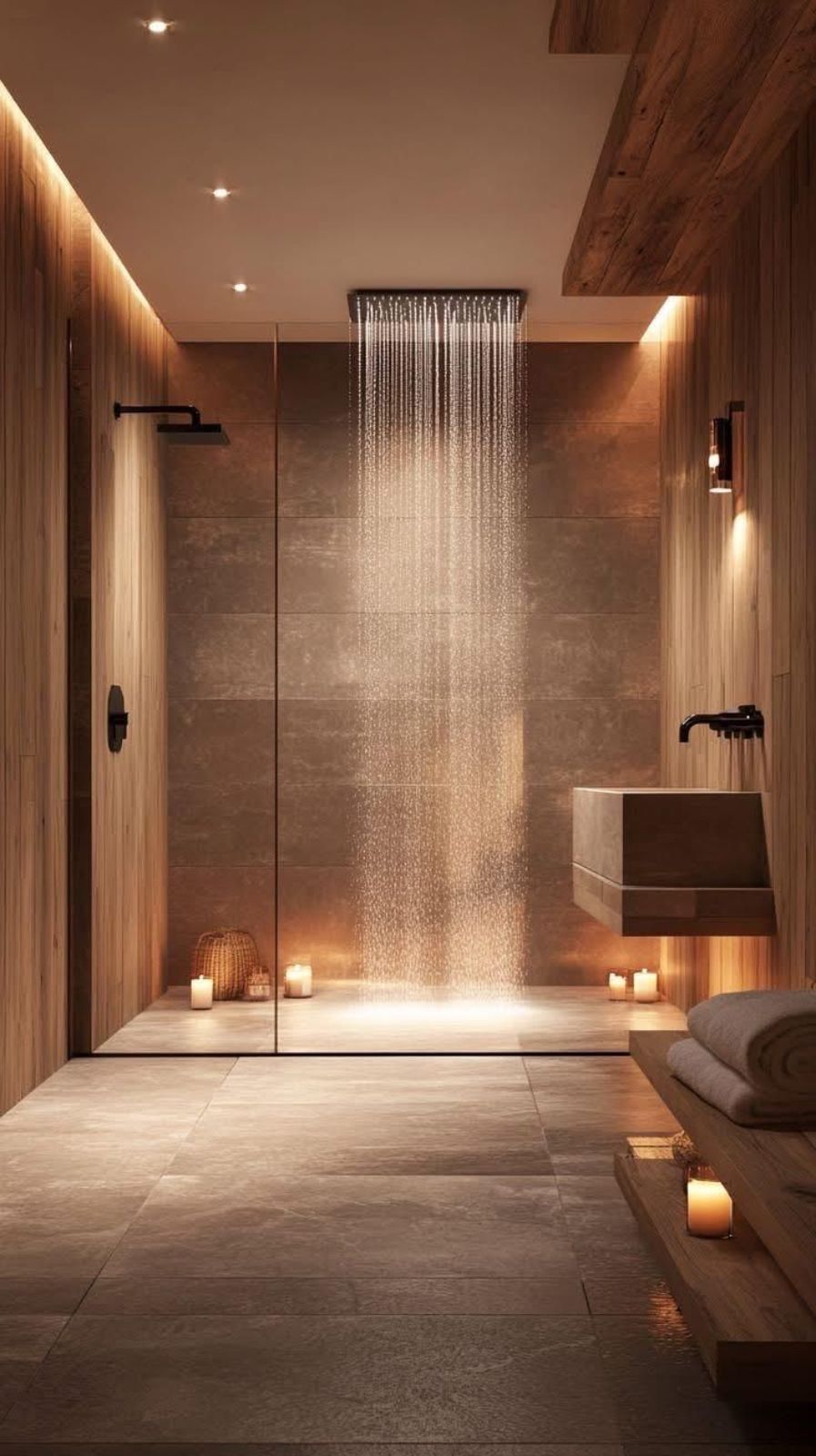 Modern bathroom with a large walk-in shower, wooden accents, and ambient lighting.