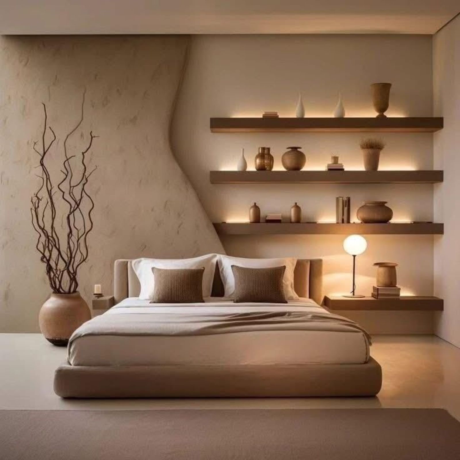 Modern minimalist bedroom with a large bed, shelves, and decorative vases.